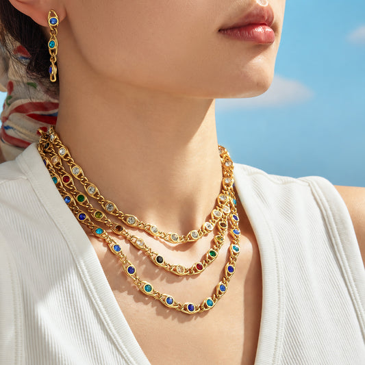 Colorful zircon necklaces layered on model