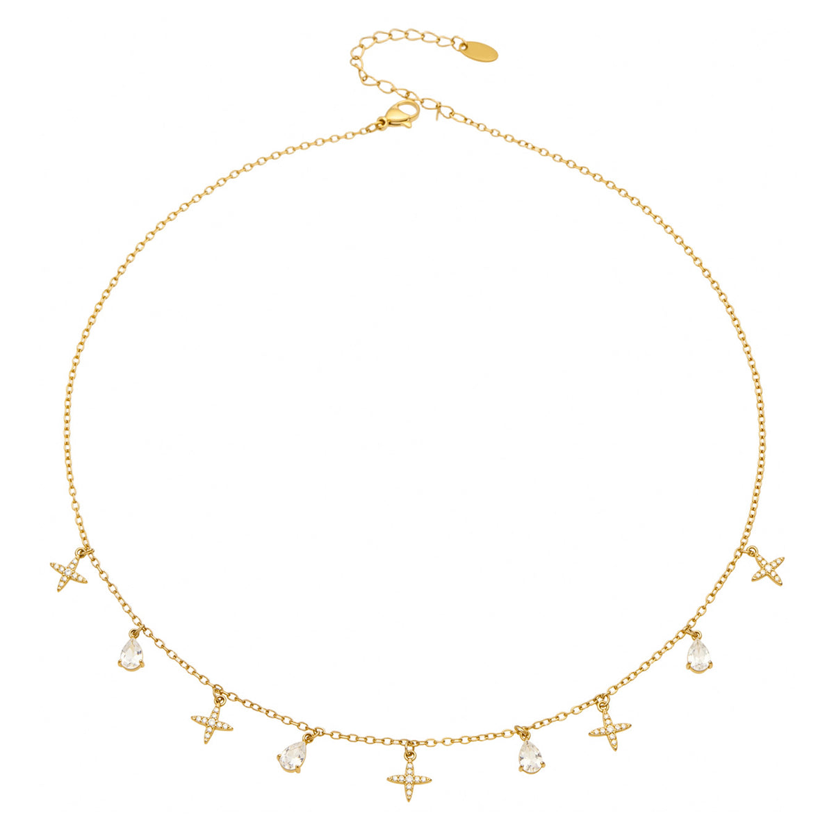 Stainless steel dainty cross and teardrop zircon charm necklace flat lay
