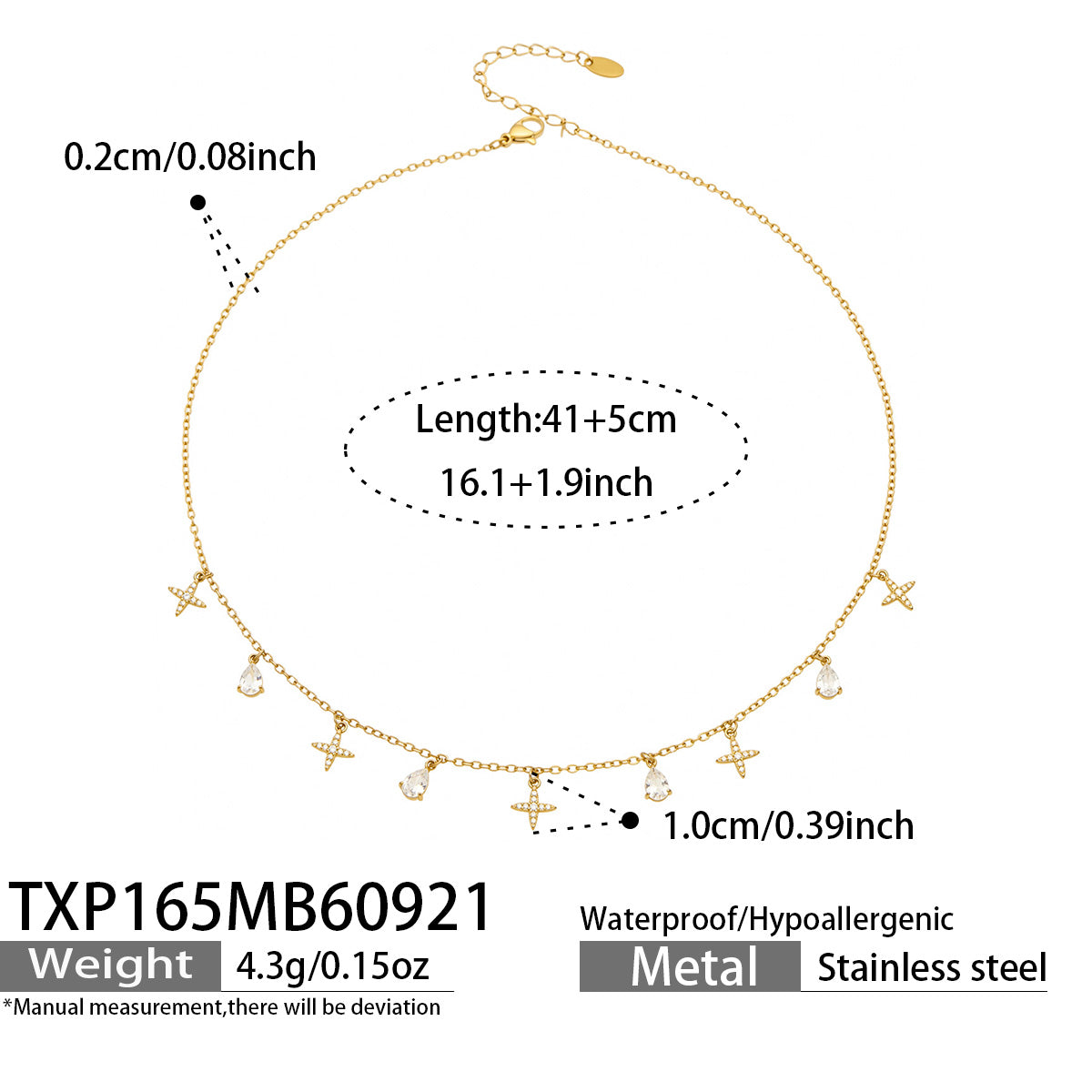 TXP165 gold-tone cross and teardrop zircon charm necklace 41+5 cm size details