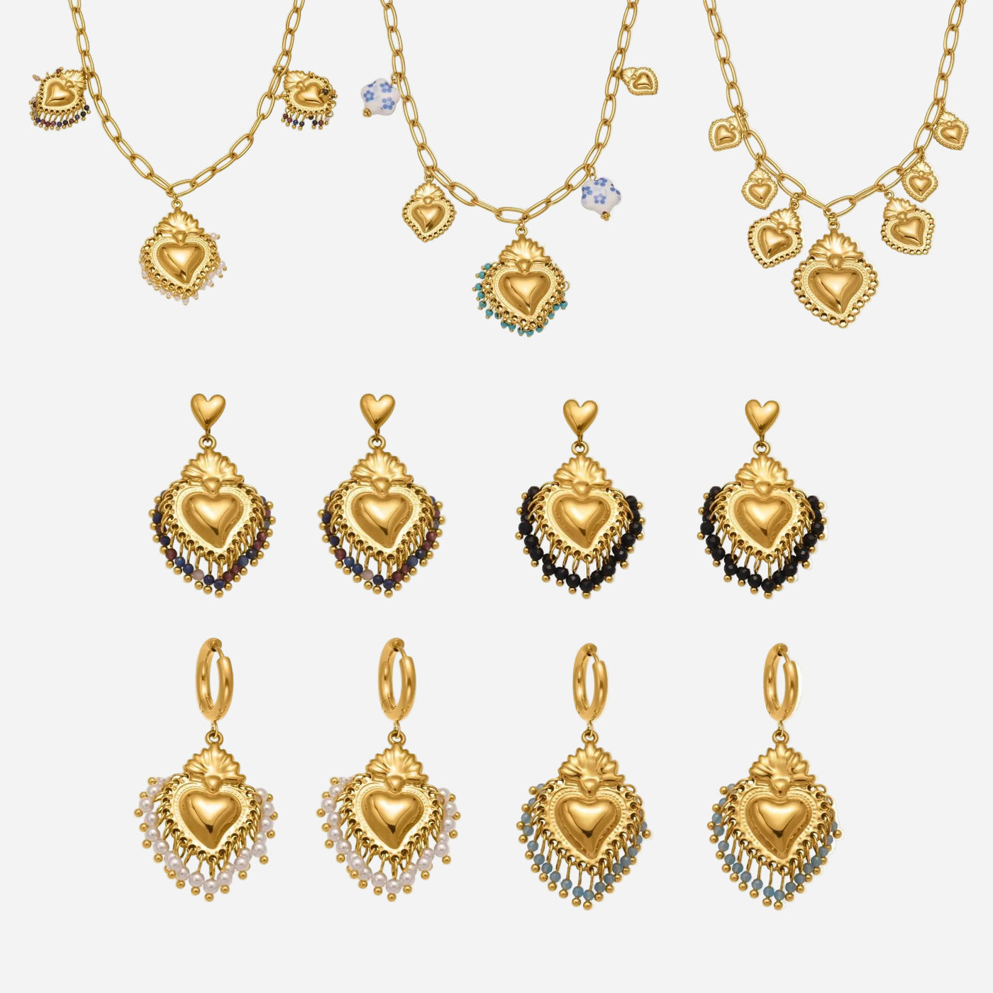 crown heart diy jewelry set showing multiple earrings and necklace styles with heart charms