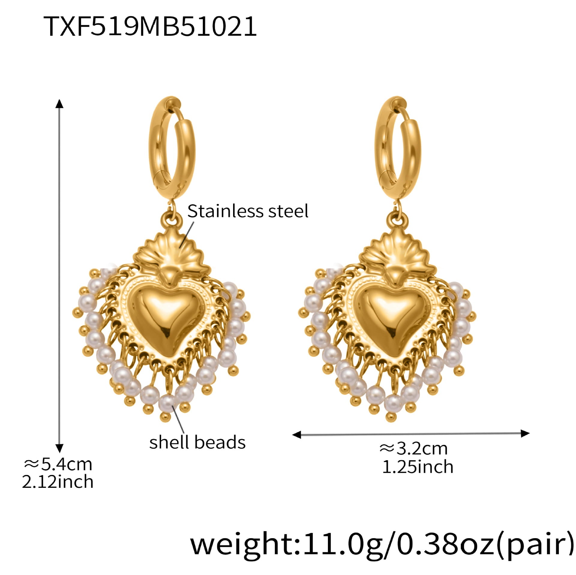 front view of crown heart diy jewelry set shell bead heart earrings in gold stainless steel