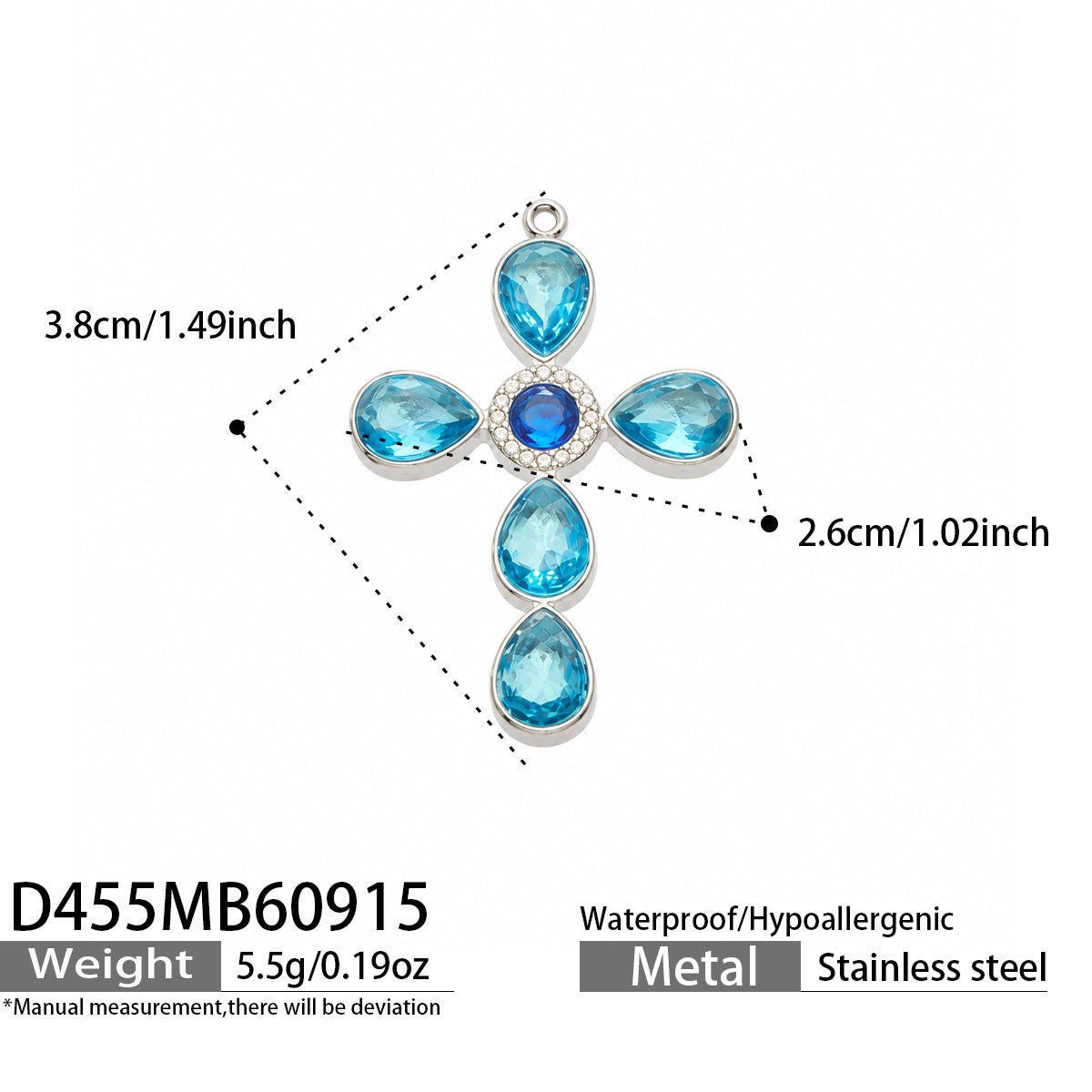 D455 blue stone steel-tone cross pendant 3.8 × 2.6 cm size details