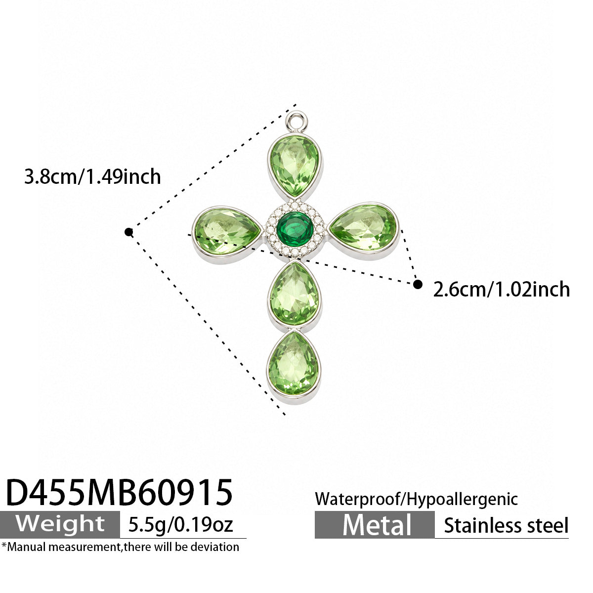 D455 green stone steel-tone cross pendant 3.8 × 2.6 cm size details