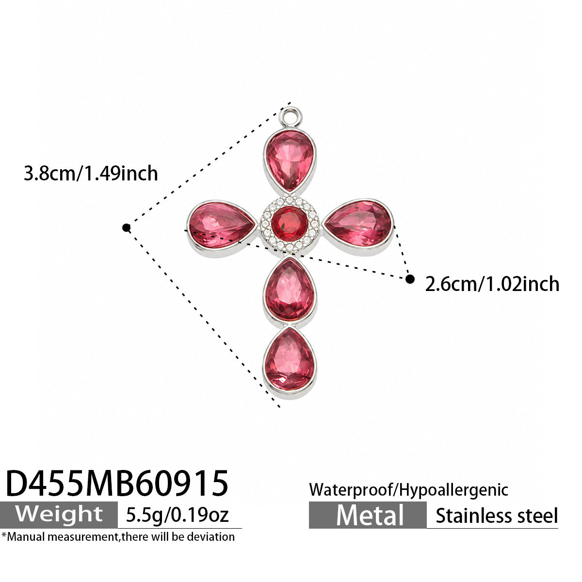 D455 red stone steel-tone cross pendant 3.8 × 2.6 cm size details