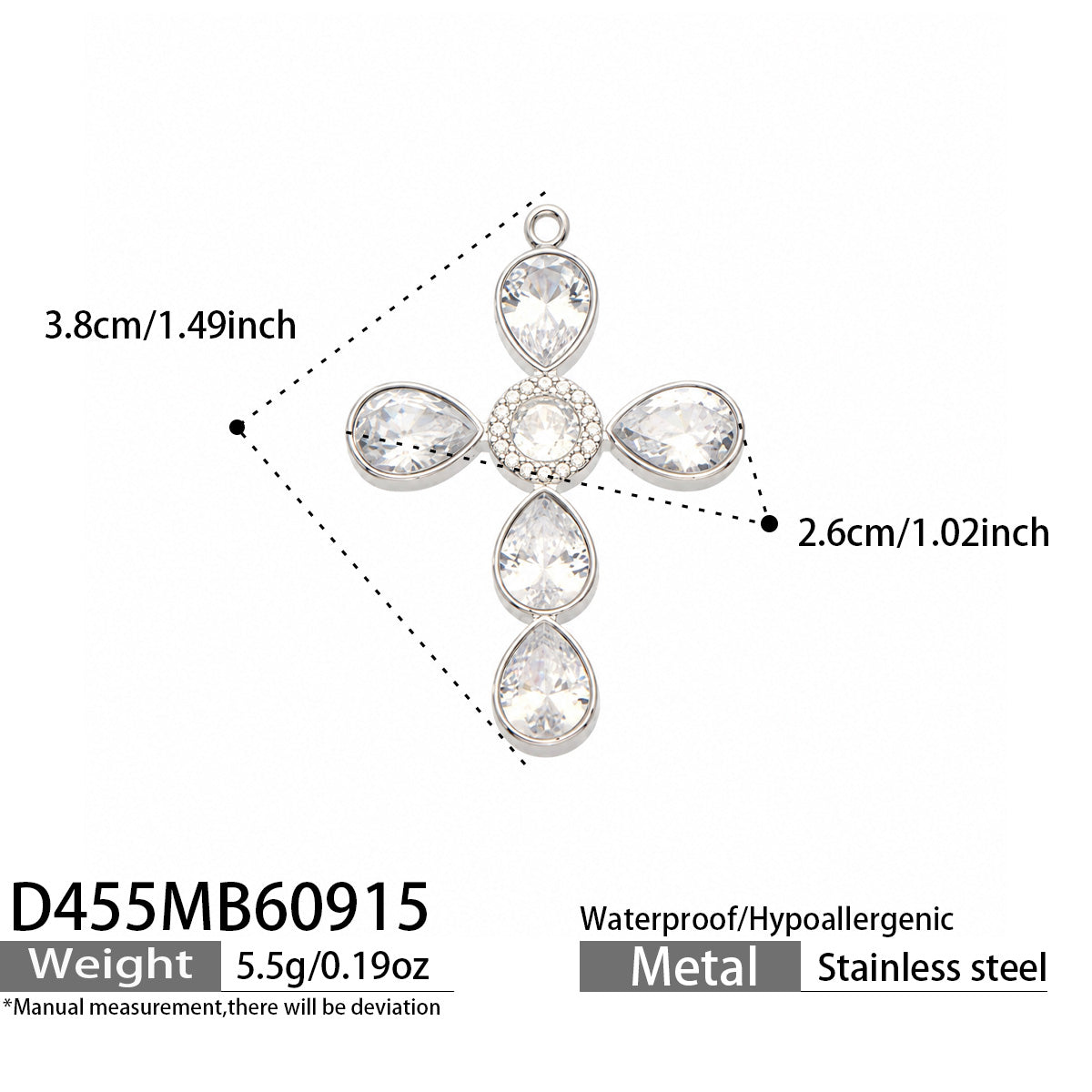 D455 white stone steel-tone cross pendant 3.8 × 2.6 cm size details