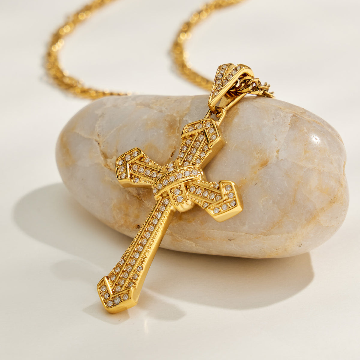 Decorative zircon cross pendant necklace detail