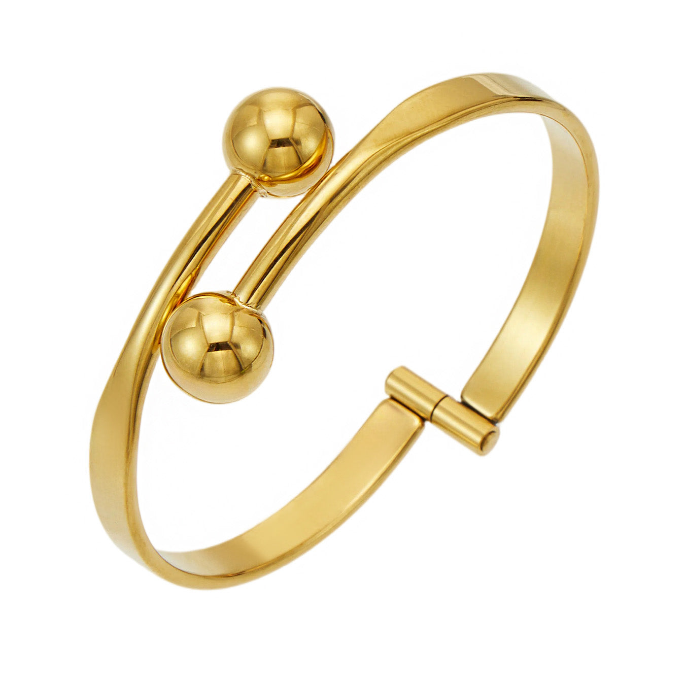 Gold double ball cuff bracelet in 316L stainless steel with a polished open-ended design
