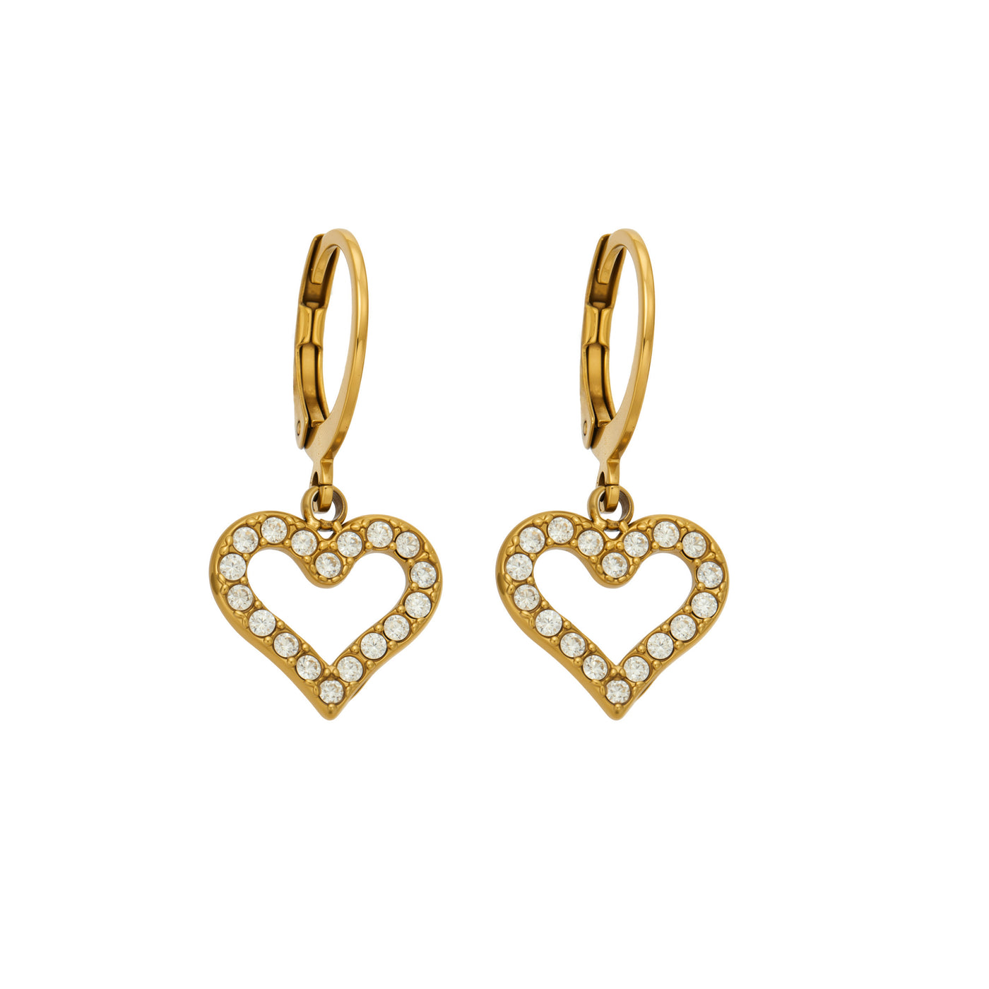 Gold double heart cubic zirconia drop earrings made from 316L stainless steel