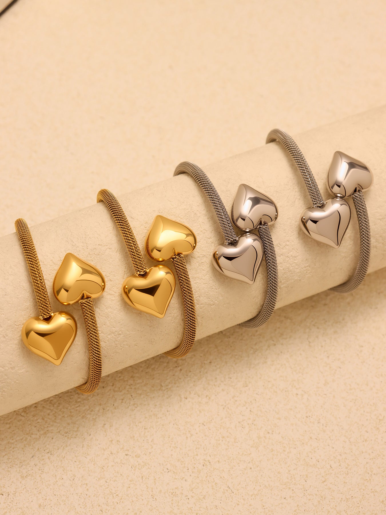 Multi-Color Double Heart Bracelets Display - Gold & Silver Stainless Steel Bangles