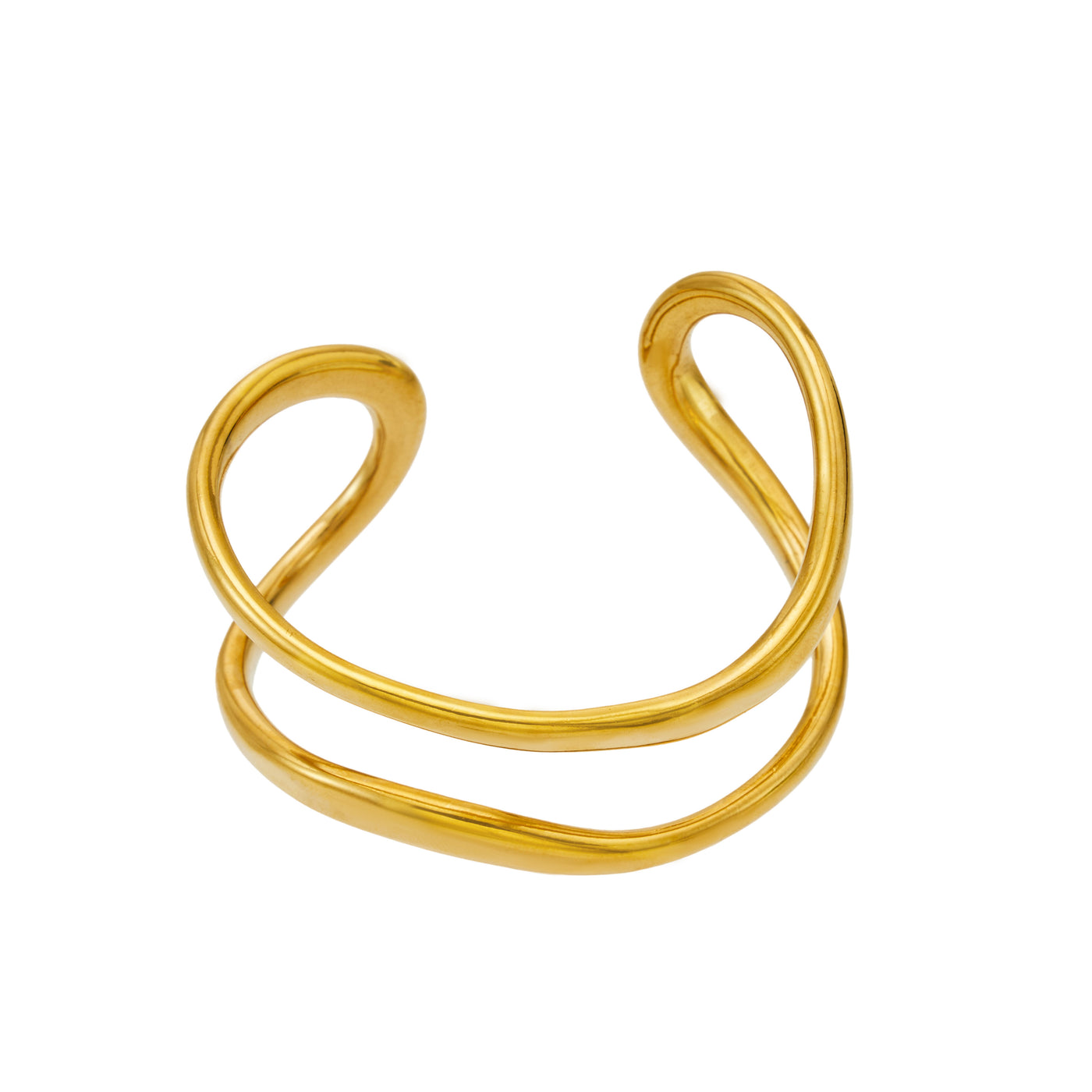 Gold double loop cuff bracelet with a sculptural open-ended double-band design