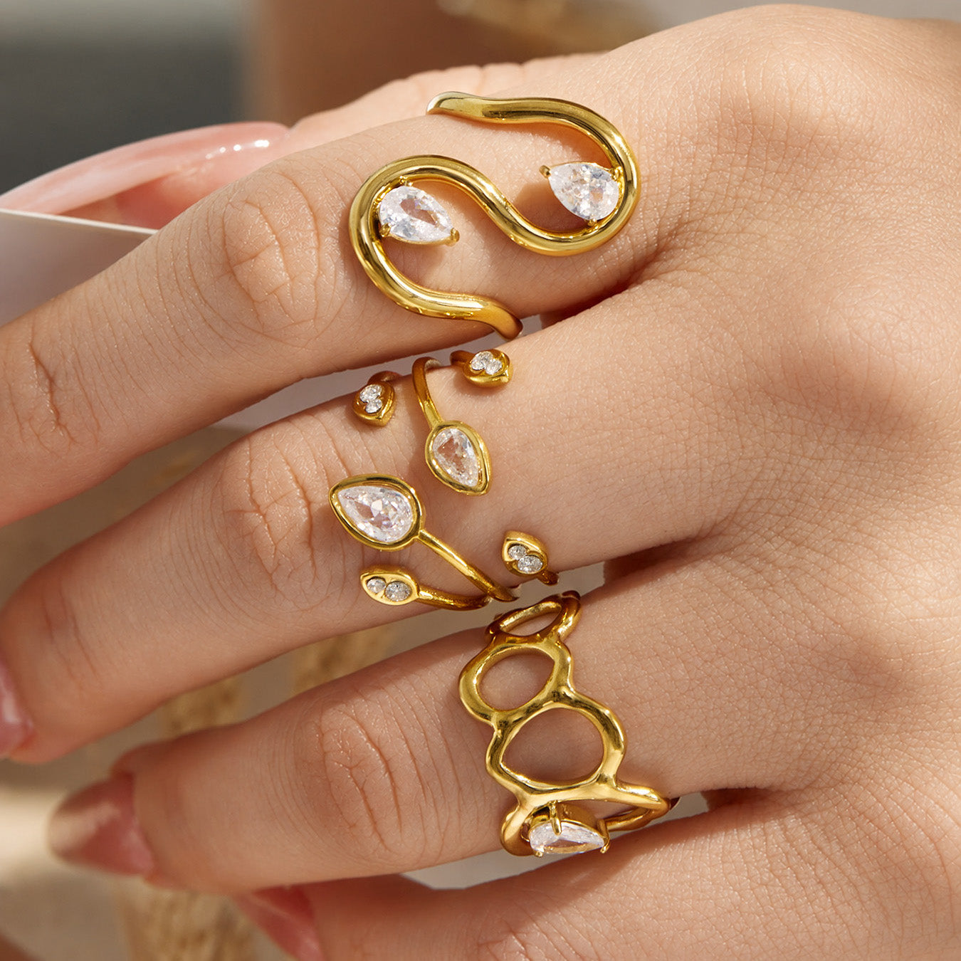 316L Stainless Steel 18K PVD Gold Droplet Zircon Ring made with 316L stainless steel and 18K PVD gold finish for wholesale jewelry buyers - image 13