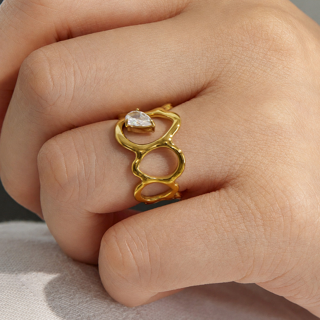 316L Stainless Steel 18K PVD Gold Droplet Zircon Ring made with 316L stainless steel and 18K PVD gold finish for wholesale jewelry buyers - image 15