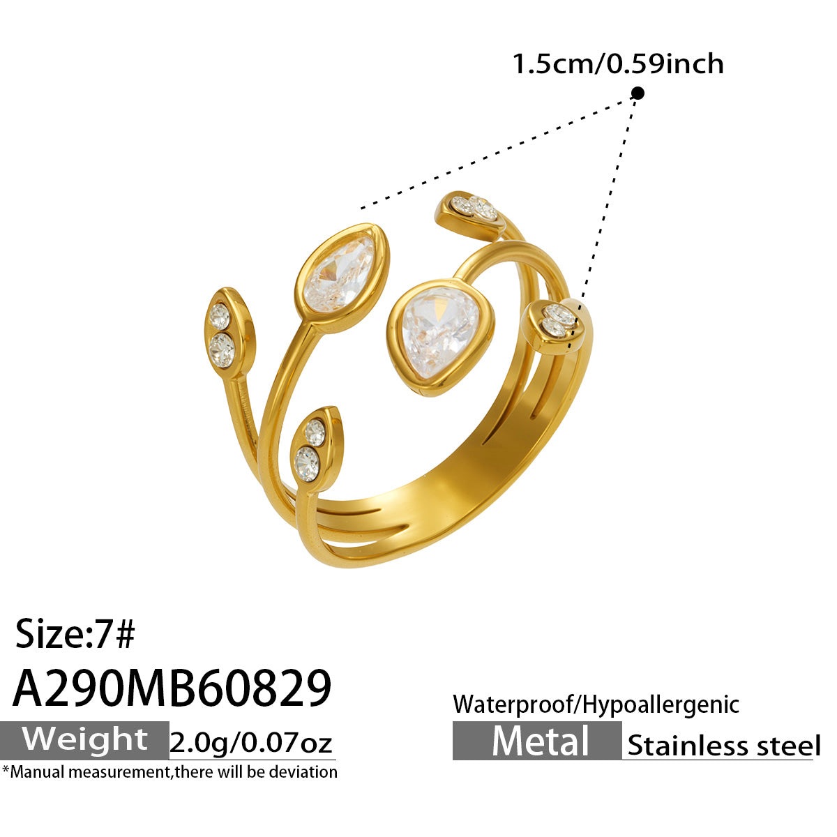 Close-up of zircon stone in the 316L stainless steel droplet ring