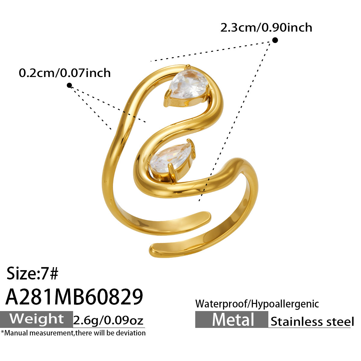 316L Stainless Steel 18K PVD Gold Droplet Zircon Ring made with 316L stainless steel and 18K PVD gold finish for wholesale jewelry buyers - image 3