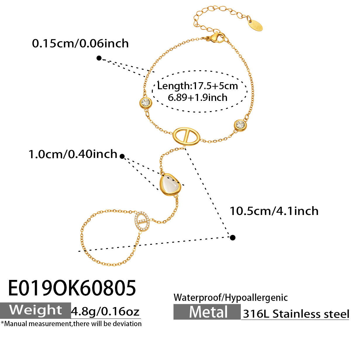 E019 white cat eye double-finger hand chain bracelet size and product detail guide