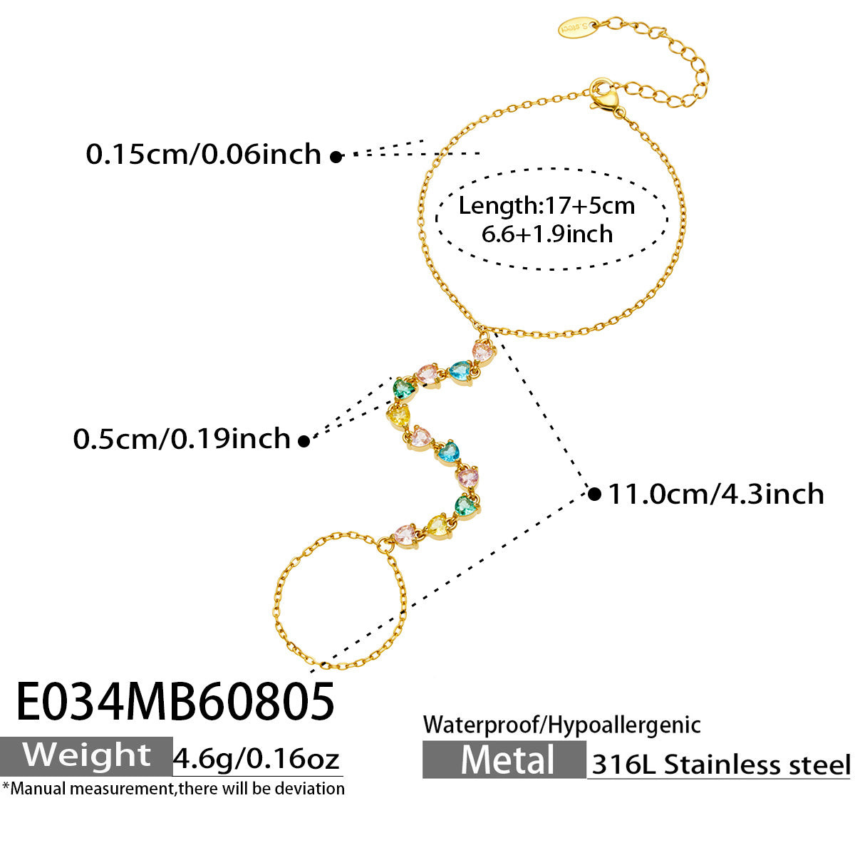 E034 red cubic zirconia hand chain bracelet size and product detail guide