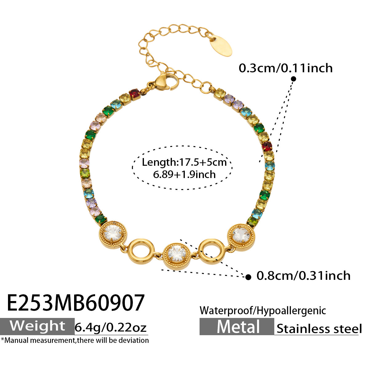 E253 multicolor zircon gold bracelet size details