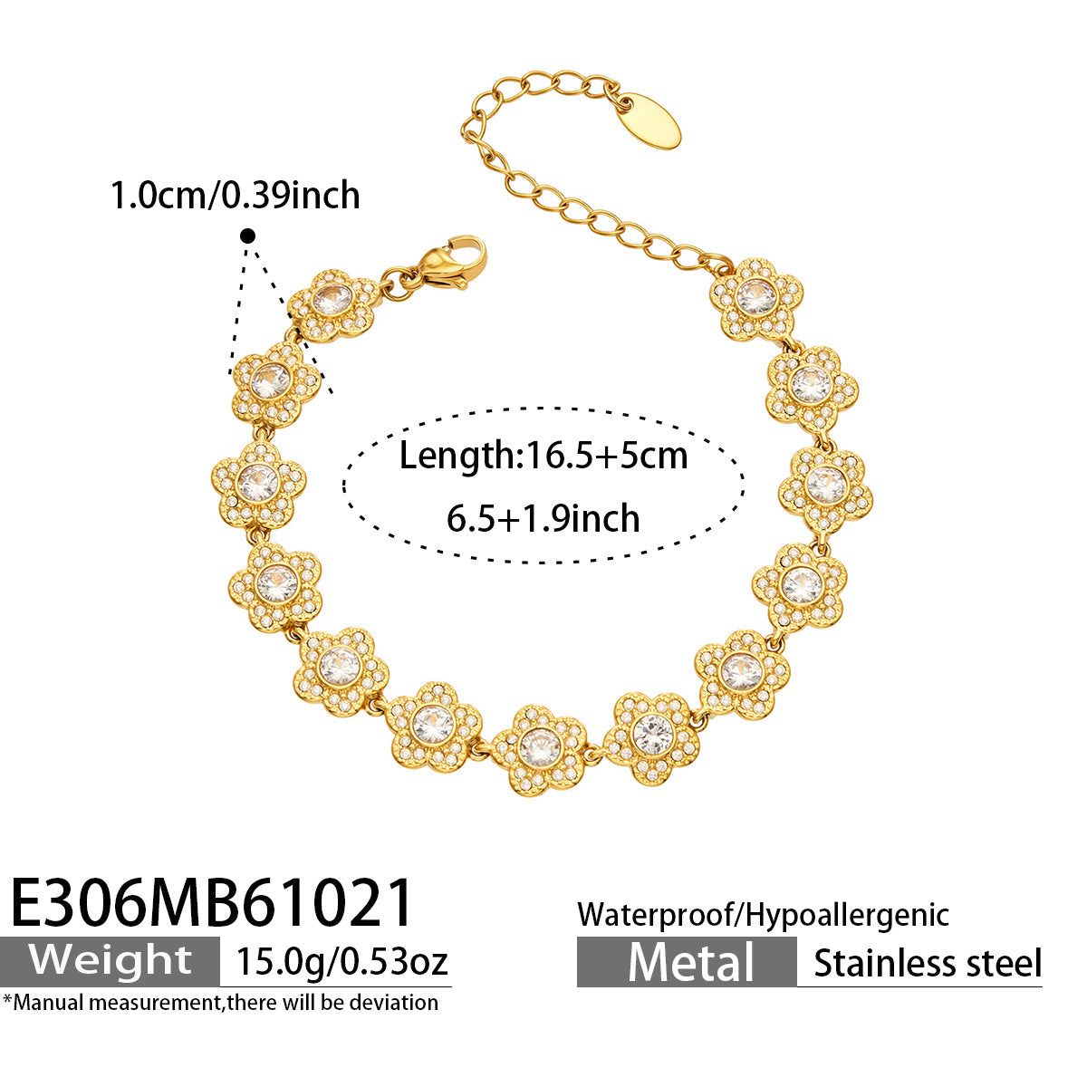 E306 gold-tone cubic zirconia flower bracelet with size and weight specifications