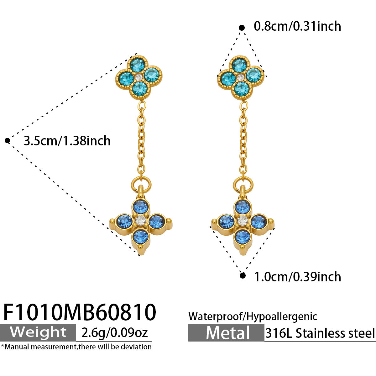 F1010 blue cubic zirconia four-leaf clover drop earrings size and detail guide