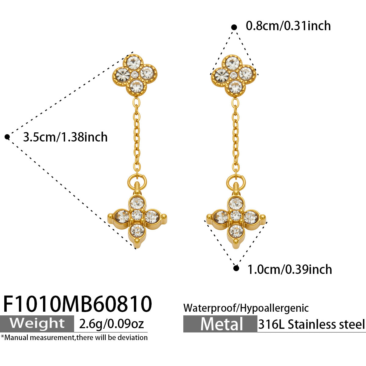 F1010 gold four-leaf clover drop earrings with clear cubic zirconia size guide