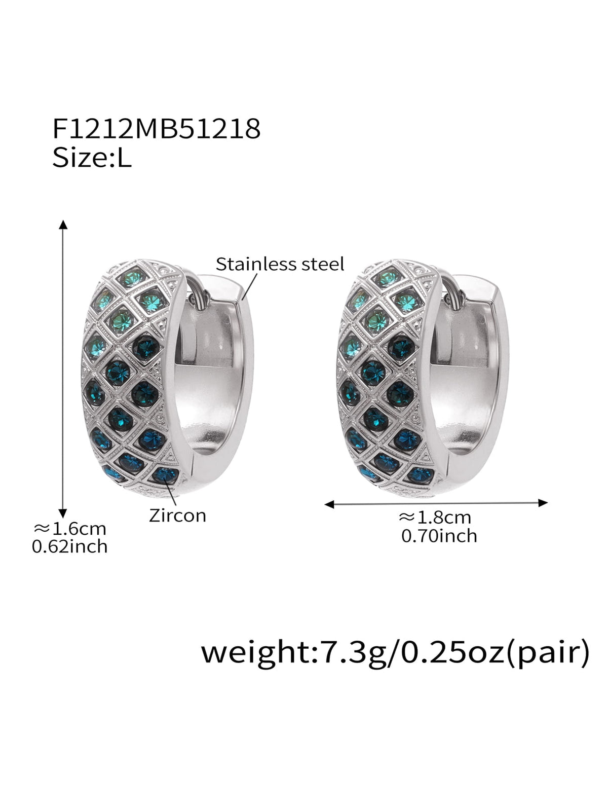 F1212 silver-tone teal CZ lattice hoop earrings, size L; diagram shows approximately 16 by 18 mm and 7.3 g per pair.