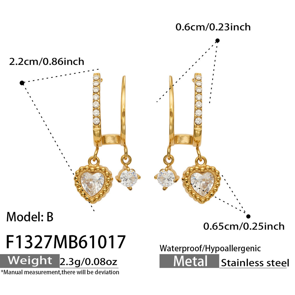 F1327 Model B gold-tone stainless steel heart CZ drop earrings with size specifications