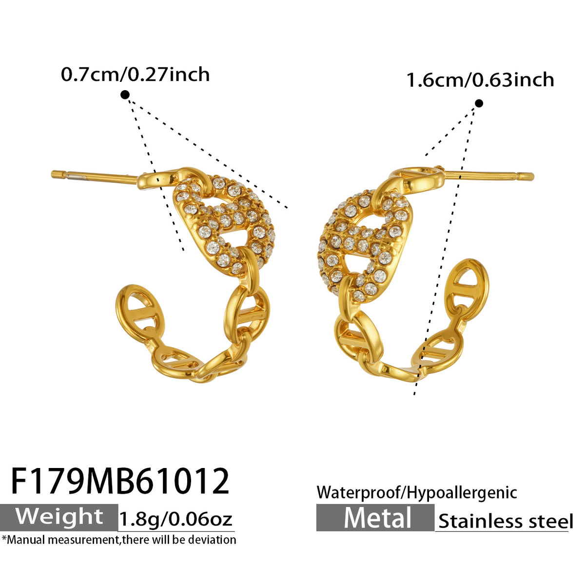 Gold chain link hoop earrings size guide showing pavé zircon detail, linked construction and product dimensions