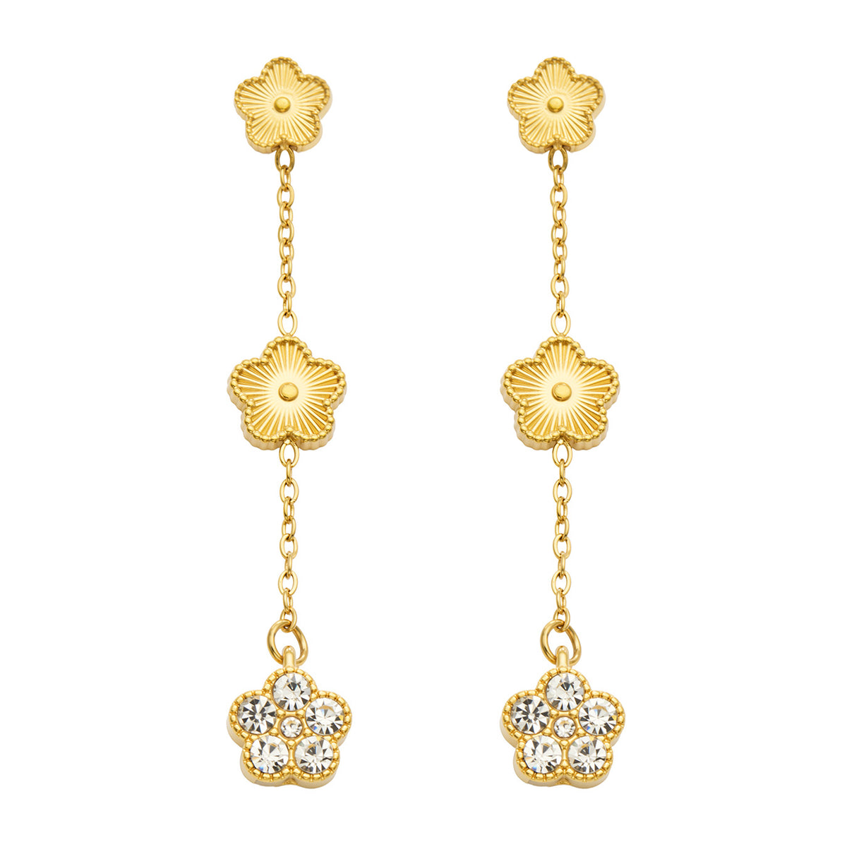 Gold flower drop earrings with layered floral details, slim chain links and a zircon-set flower charm