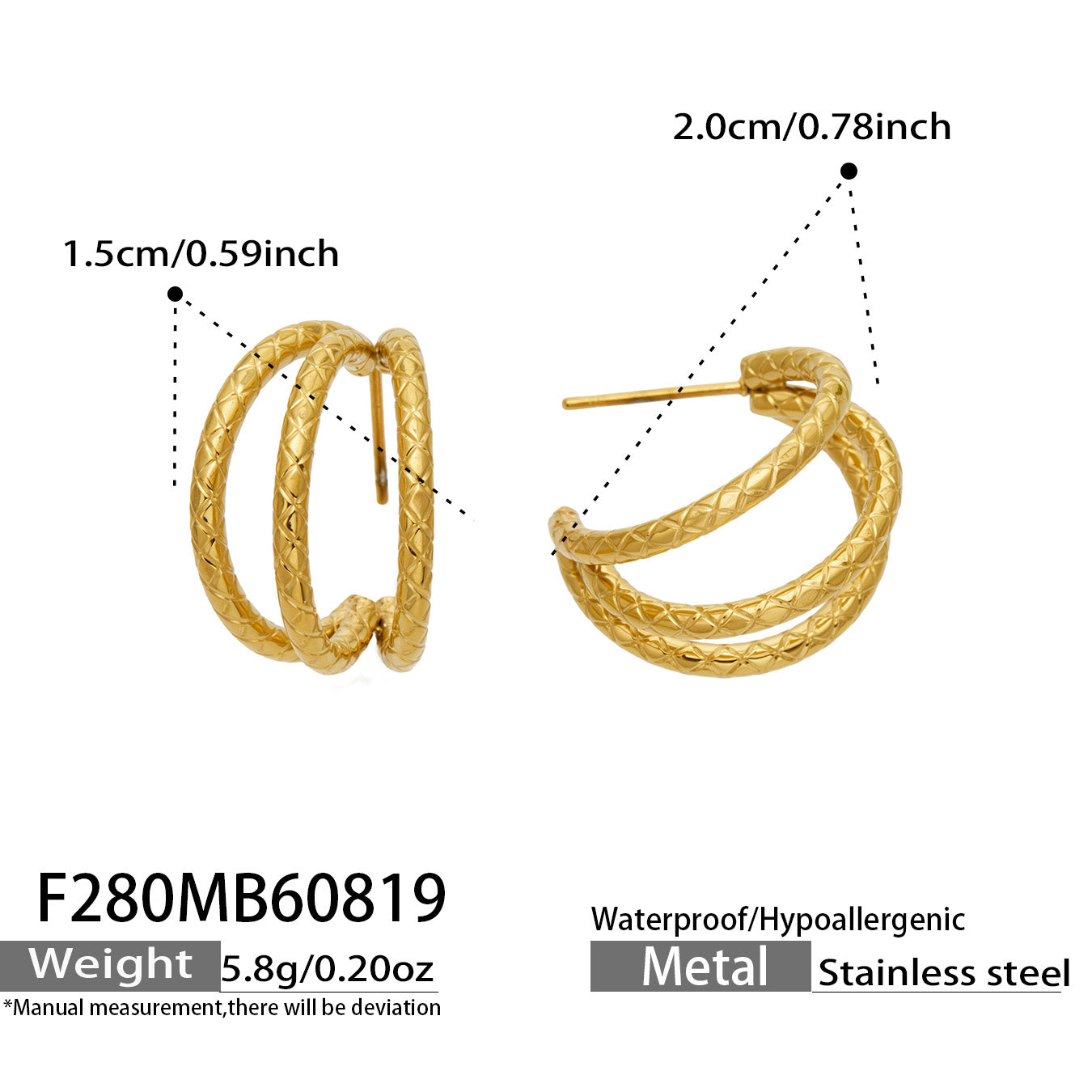 F280 gold chunky double layer hoop earrings size and product detail guide
