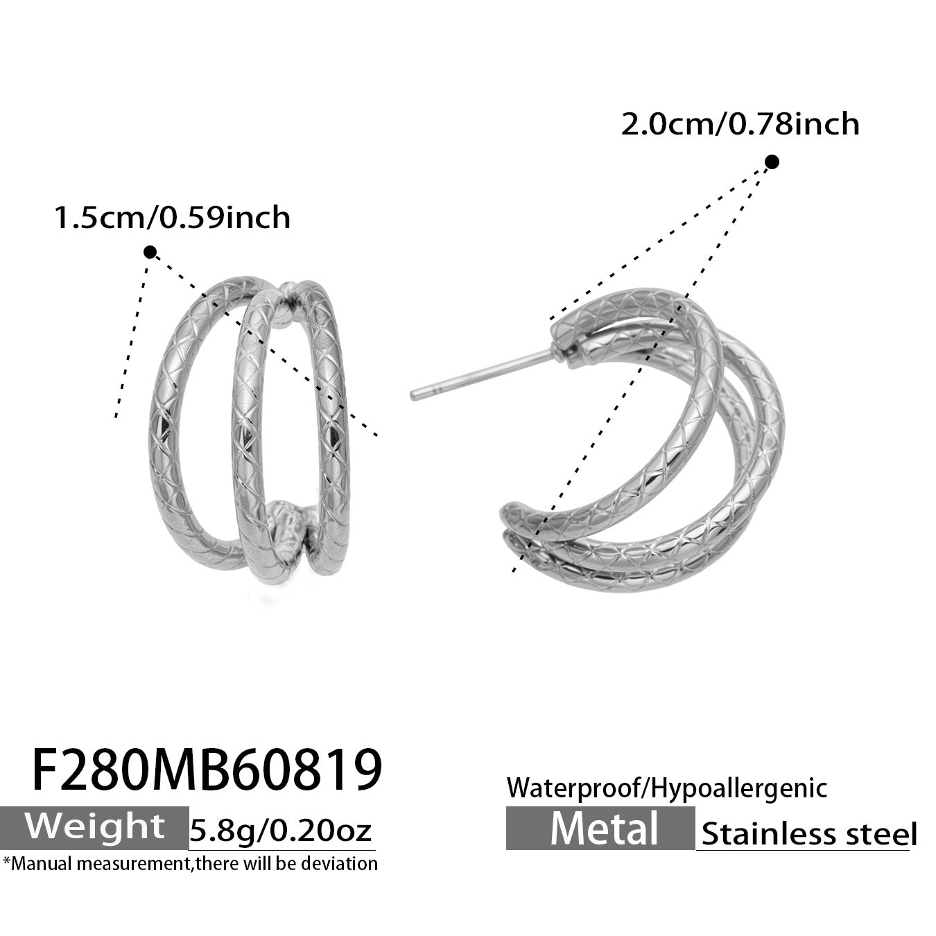 F280 steel-tone chunky double layer hoop earrings size and product detail guide