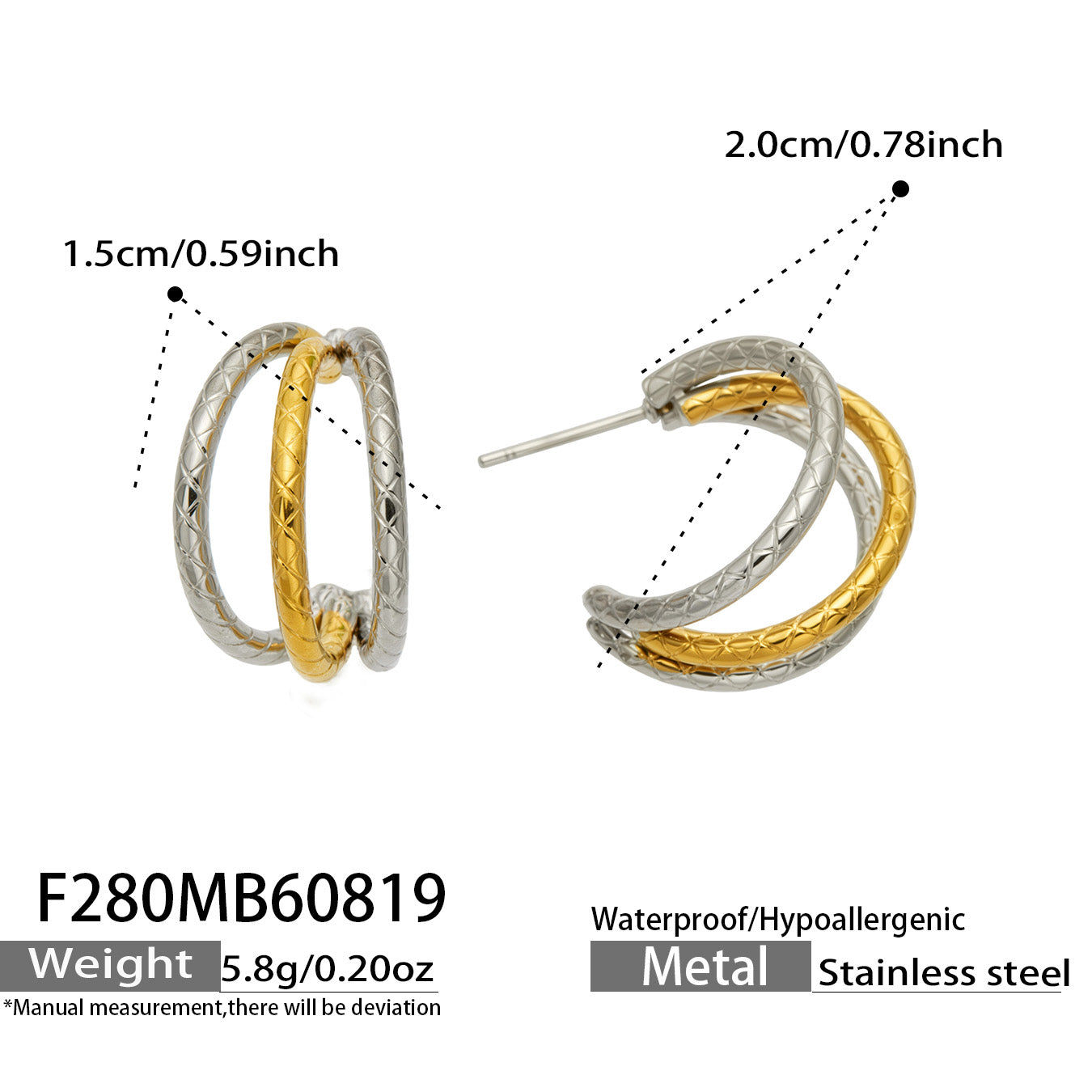 F280 gold and steel two-tone chunky hoop earrings size and product detail guide