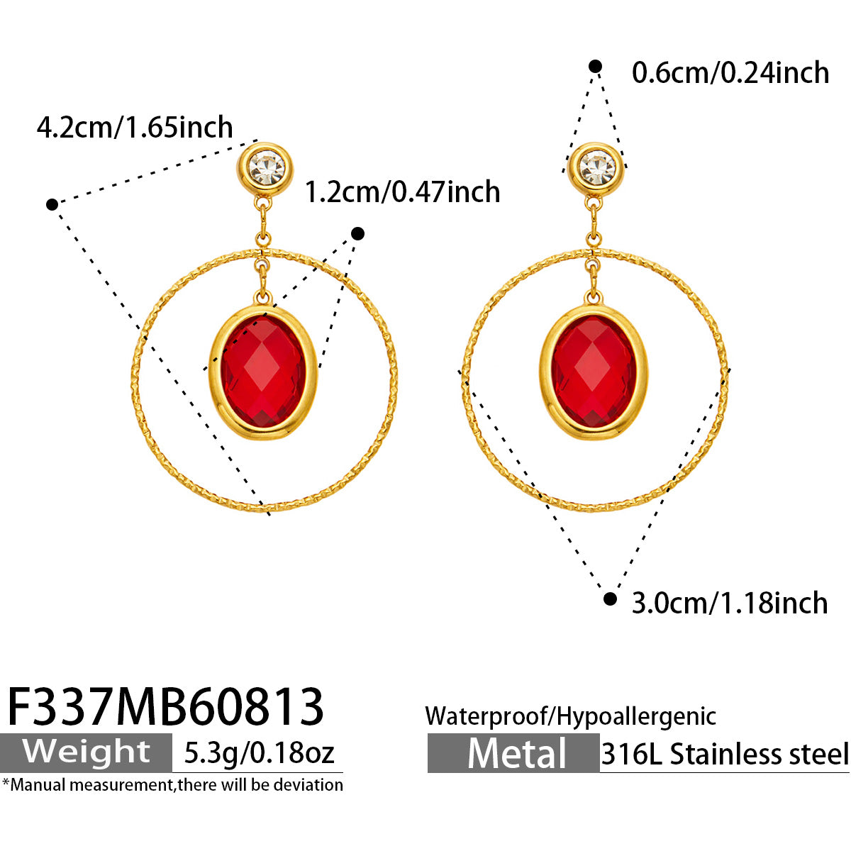 F337 red glass stone double oval drop earrings size and product details