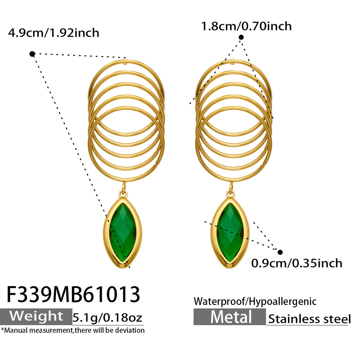 Green glass stone drop earrings dimension guide showing layered open loops and marquise-shaped glass pendant size
