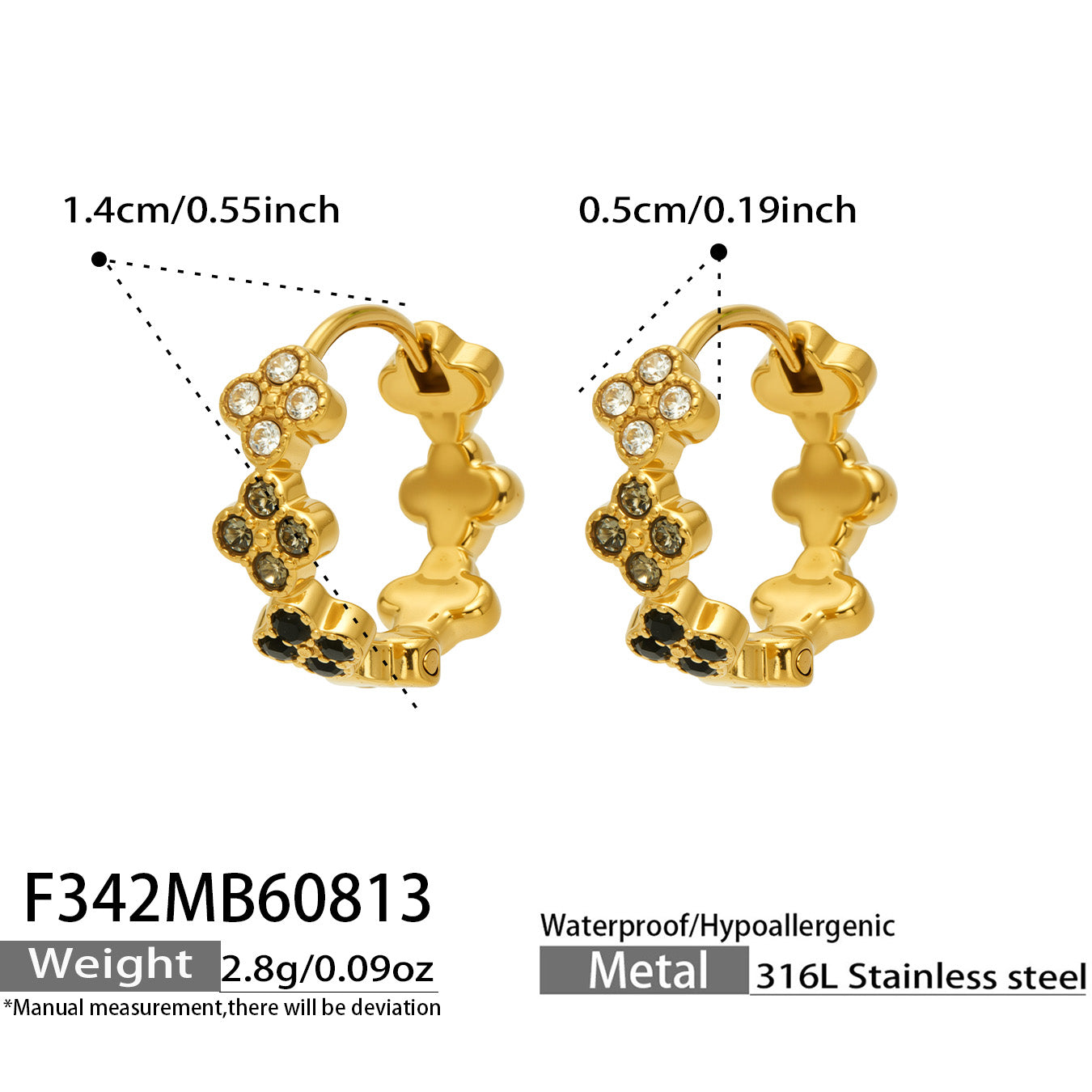 F342 black CZ gold four-leaf clover huggie earrings size and product details