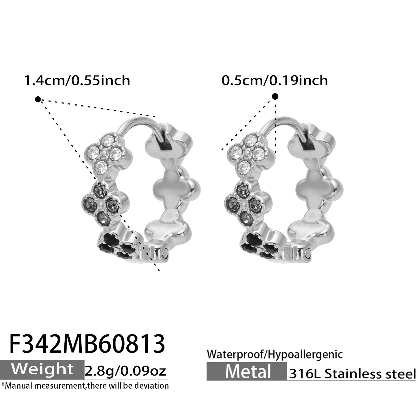 F342 black CZ steel four-leaf clover huggie earrings size and product details