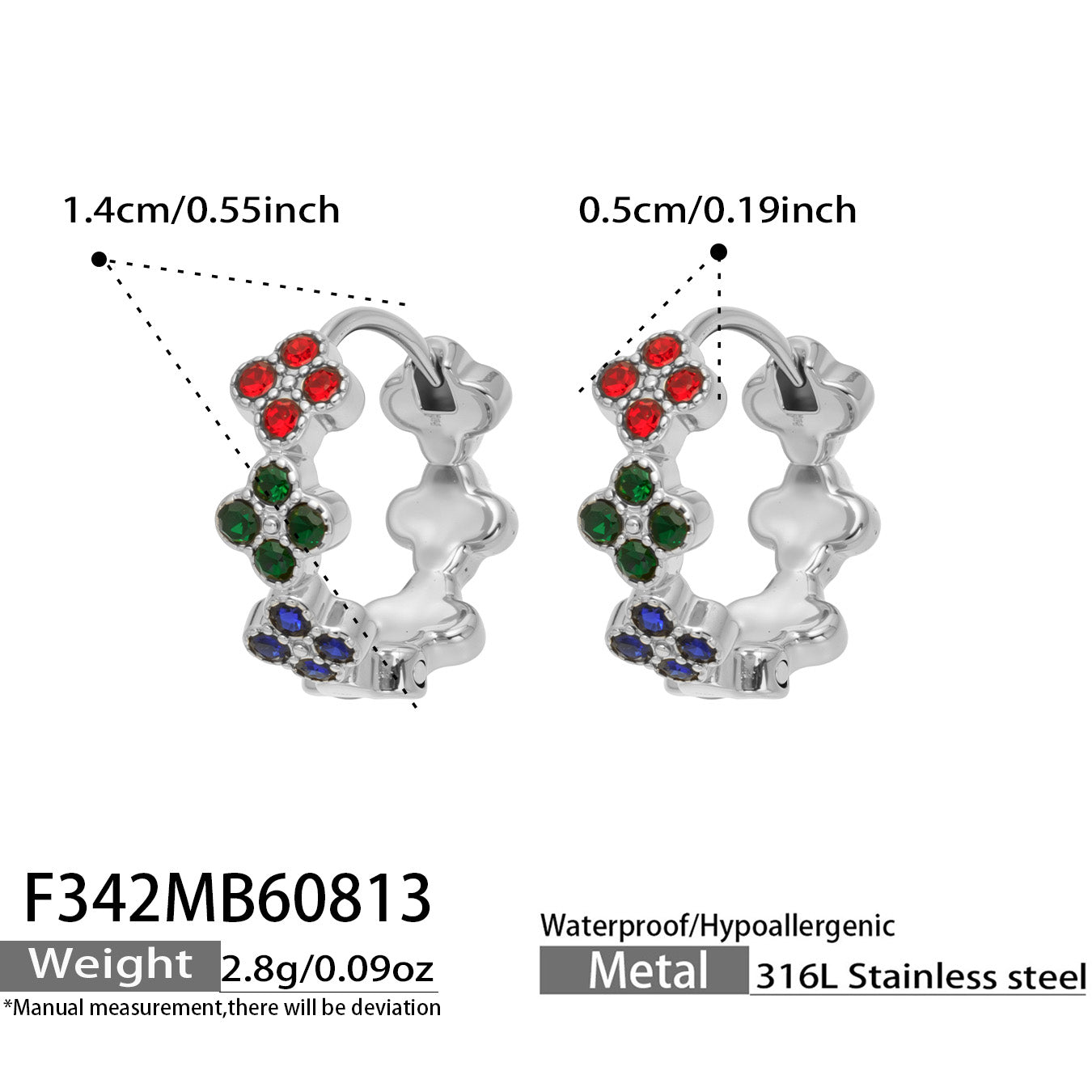 F342 multicolor CZ steel four-leaf clover huggie earrings size and product details