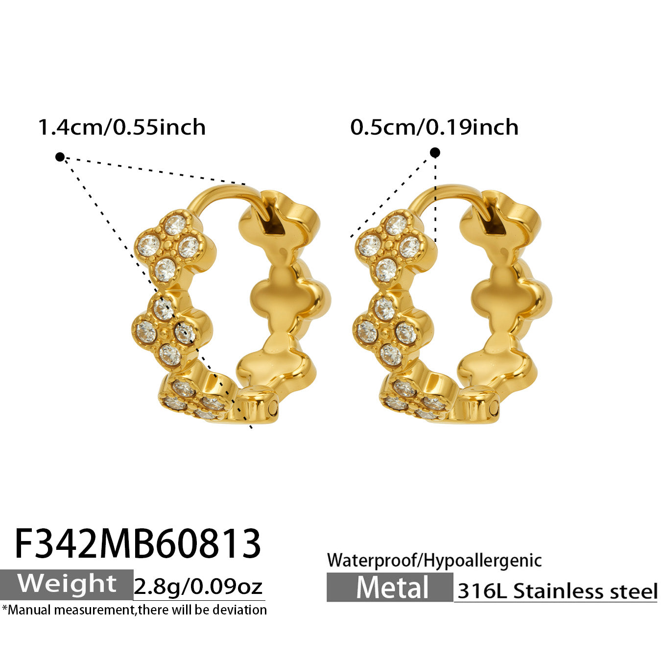 F342 white CZ gold four-leaf clover huggie earrings size and product details