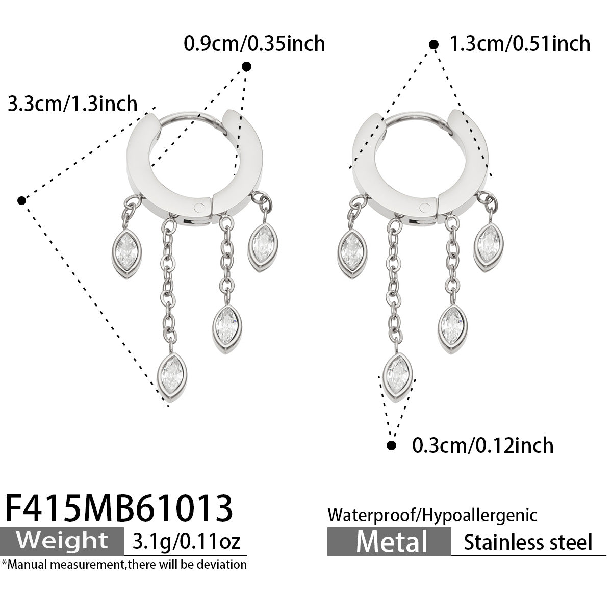 Silver marquise zircon dangle hoop earrings size guide showing hoop diameter, chain drops and charm dimensions