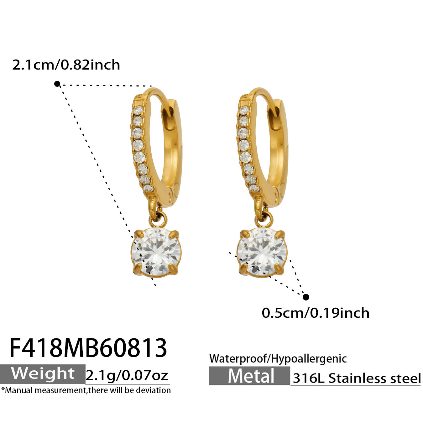 F418 round cubic zirconia charm huggie earrings size and product detail guide