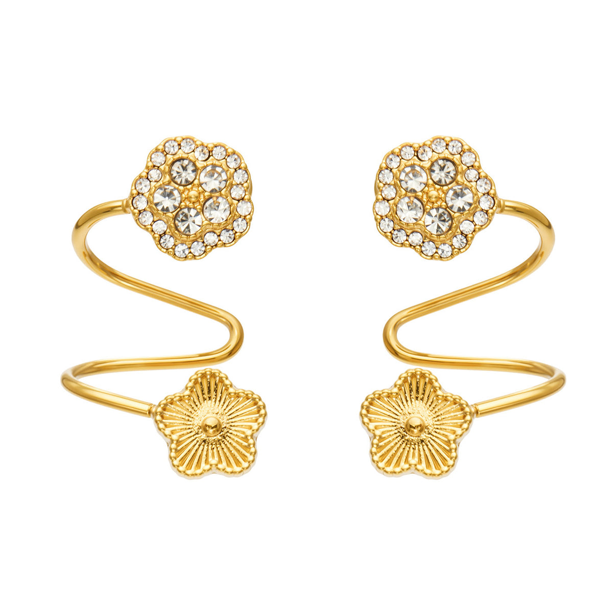 Gold flower ear cuff with zircon-set top flower and sculptural spiral design in stainless steel