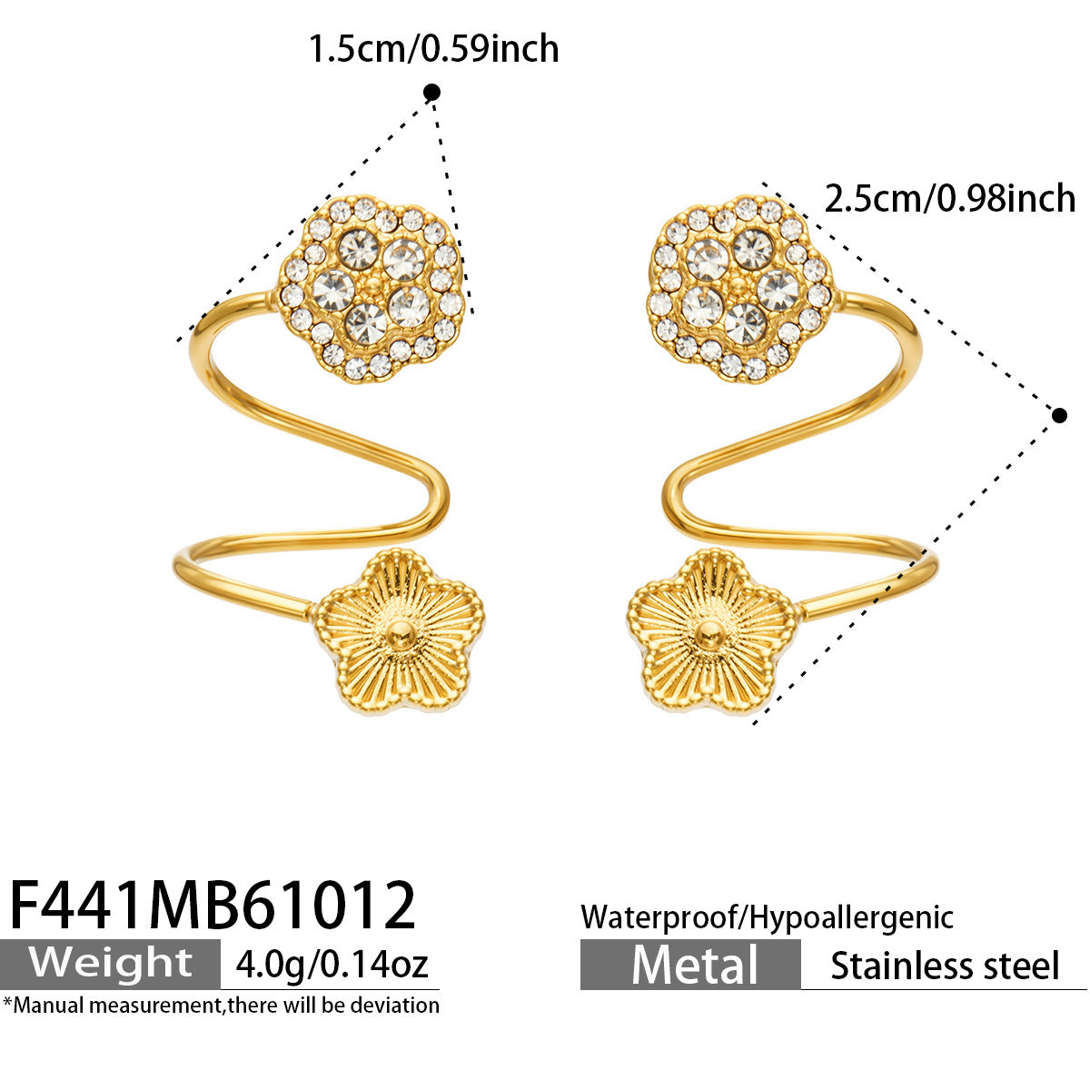 Gold flower ear cuff size guide showing approximately 1.5 cm floral detail and spiral cuff dimensions