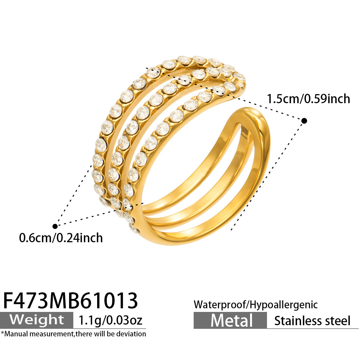 F473 gold zircon ear cuff dimension image showing the layered zircon-set rows and product size