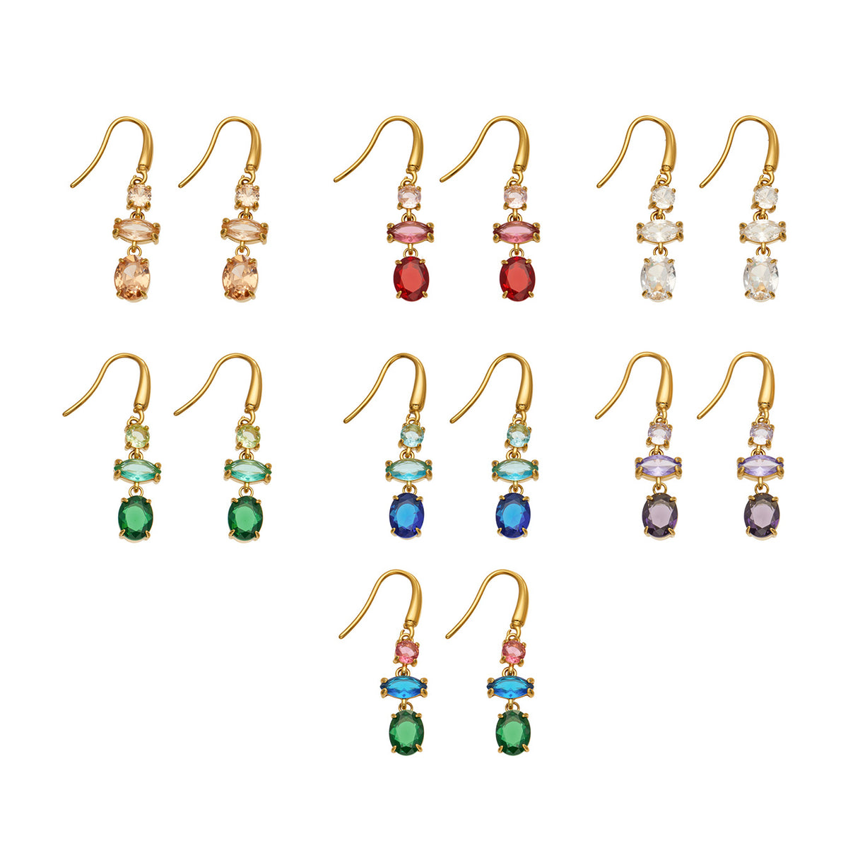 Gold-tone stainless steel fishhook drop earrings displayed in seven faceted stone color combinations, including clear, red, green, blue, purple, champagne and multicolor