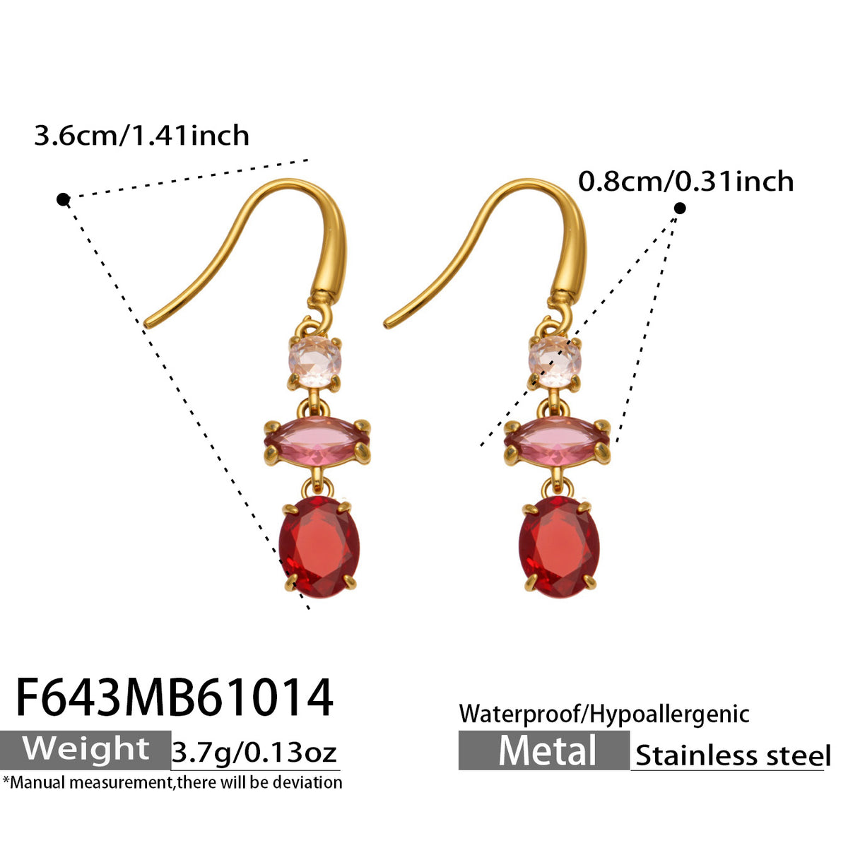 Size reference for gold fishhook drop earrings featuring pink upper accents and red oval dangling stones