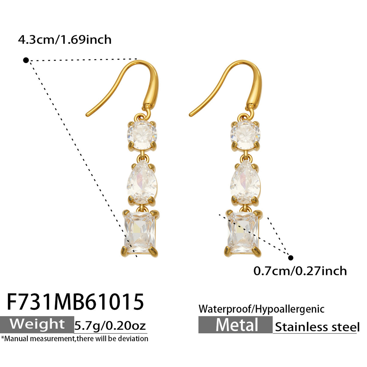 Size diagram of clear three-stone gold drop earrings showing fishhook wires, overall hanging length and stone measurements
