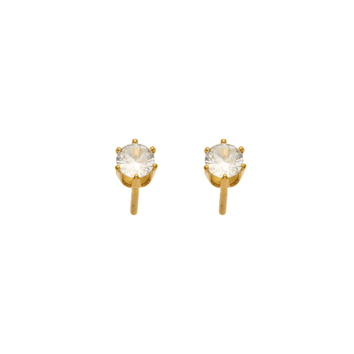 Pair of 4mm gold-tone stainless steel six-prong stud earrings with clear round stones displayed on a white background