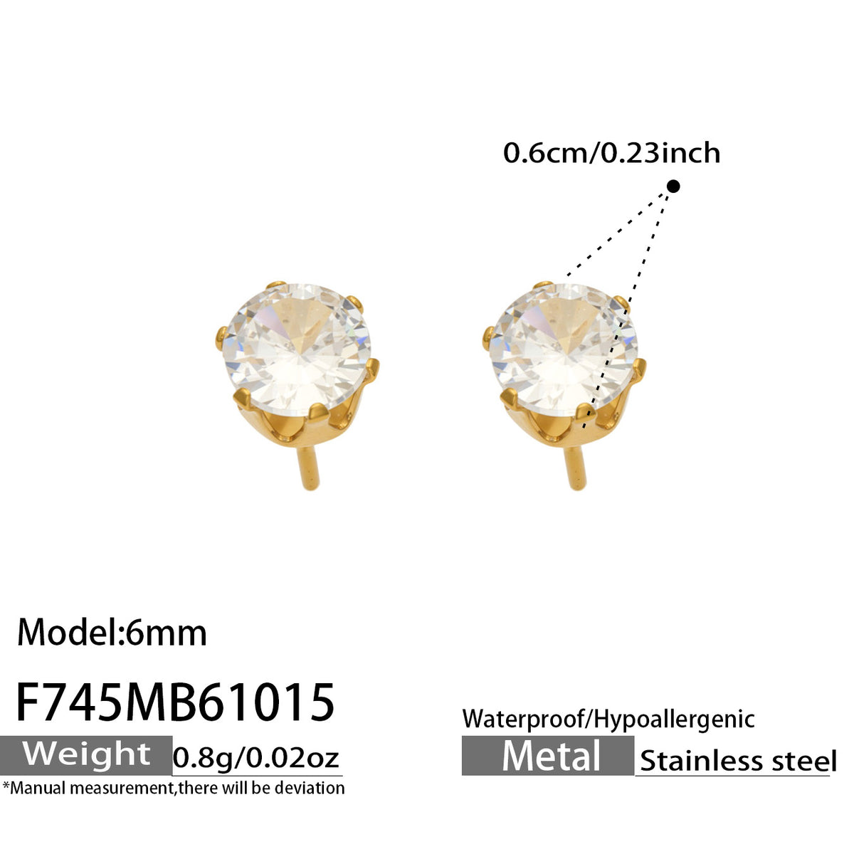 Size reference for 6mm gold-tone six-prong round stud earrings showing the larger clear stone and post design