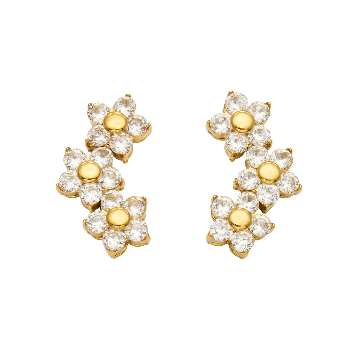 Pair of gold-tone stainless steel flower cluster earrings featuring three cascading flowers with clear faceted stone petals and gold centers