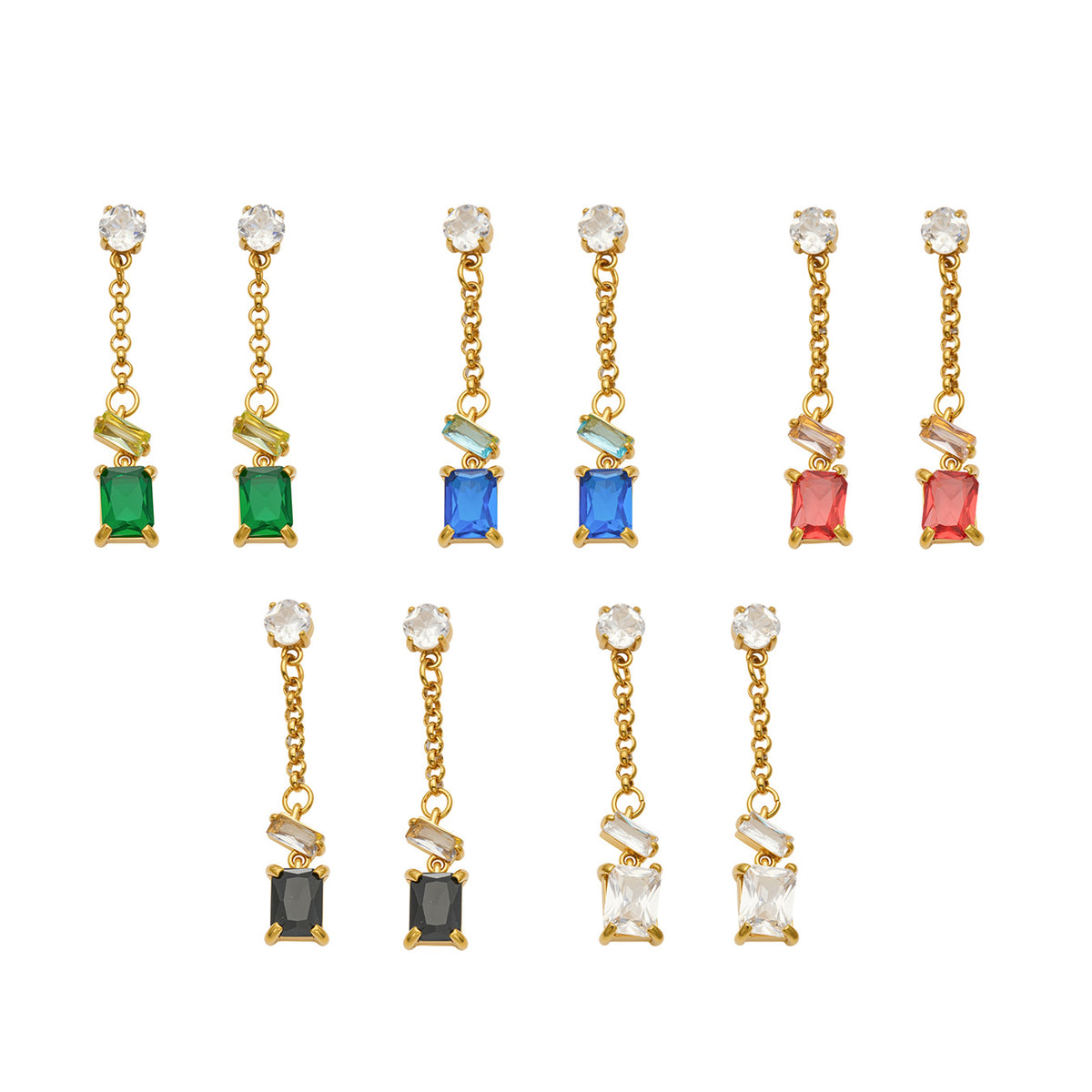 F922 colorful zircon drop earrings in green, blue, red, black and clear stone options with 18K gold PVD stainless steel finish