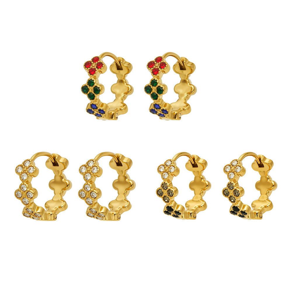 Four-leaf clover cubic zirconia huggie earrings in white, multicolor and black CZ gold styles
